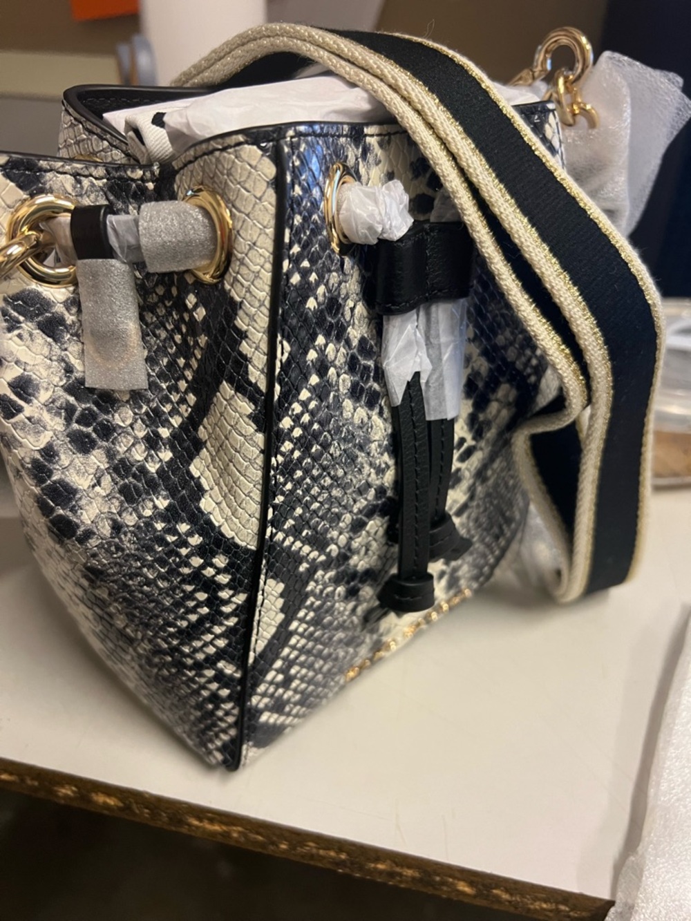 Marc Jacobs Snake-Print Shoulder Bag in Black & Cream with Gold Hardware